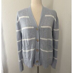 Becool Women’s M/L Light Blue White Stripe Knit Cardigan Sweater Preppy Neutral